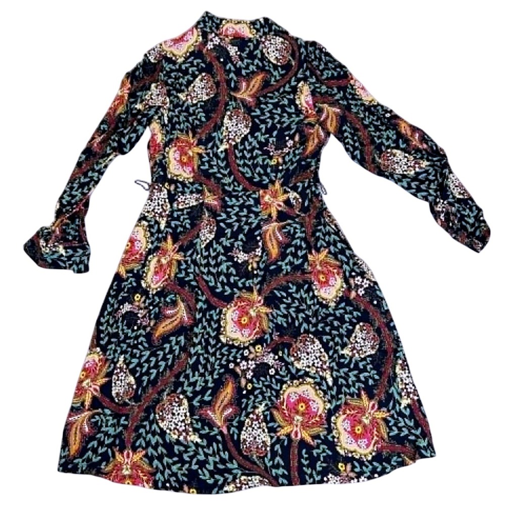 LOFT Petite Midnight Navy Floral Paisley Long Sleeve Shirt Dress 0P 521171